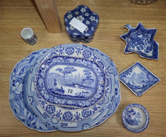 A blue and white pickle leaf, various plates, a platter etc.